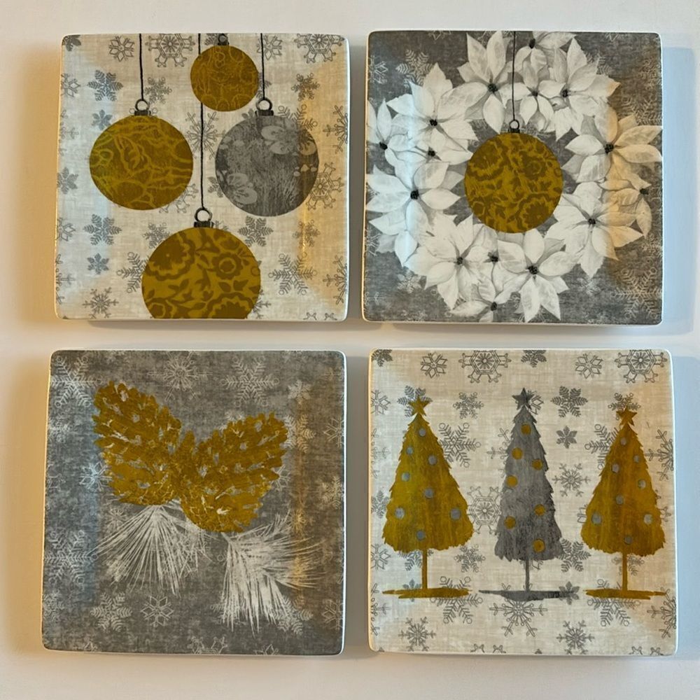 PPD Set of 4 Gold Gray Contemporary Appetizer Christmas Plates Bone China